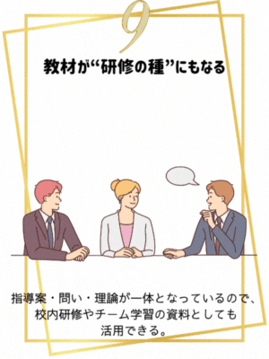 指導案・問い・理論が一体となっているので、校内研修やチーム学習の資料としても活用できる。